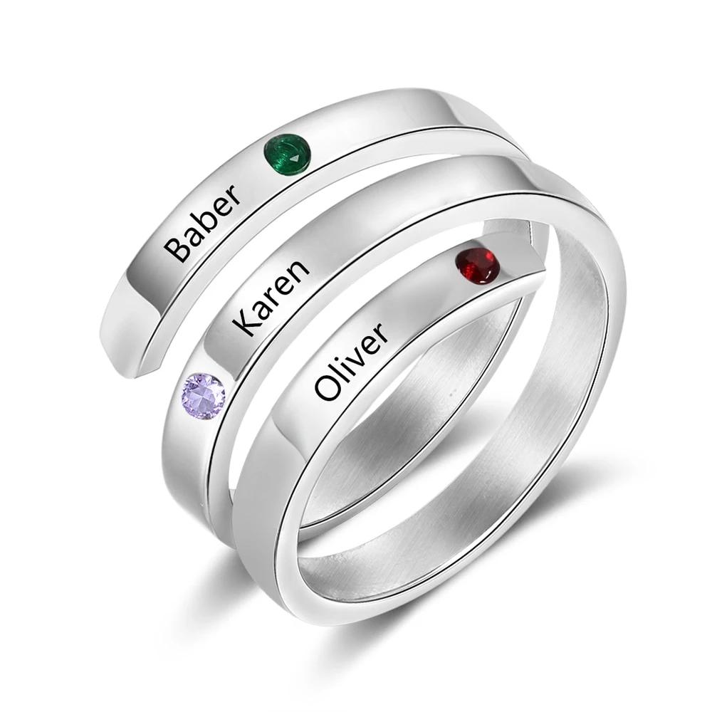 Personalized Stainless Steel Rings for Women - Three Custom Names - Three Custom Birthstones-Customized Jewel