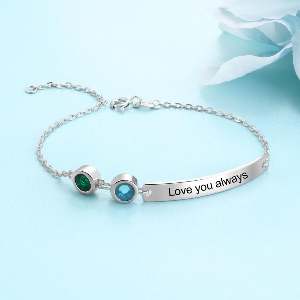 Personalized Bar Bracelets & Bangles with 2 Birthstones Custom Engraved NamePlate Bracelets for Women-Customized Jewel