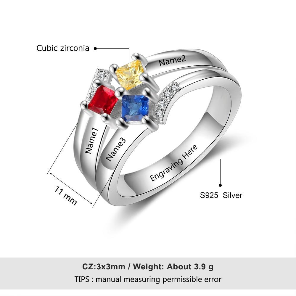 Personalized Name Ring with 3 Square Birthstones Real 925 Sterling Silver Rings for Women Custom Jewelry Gift-Customized Jewel