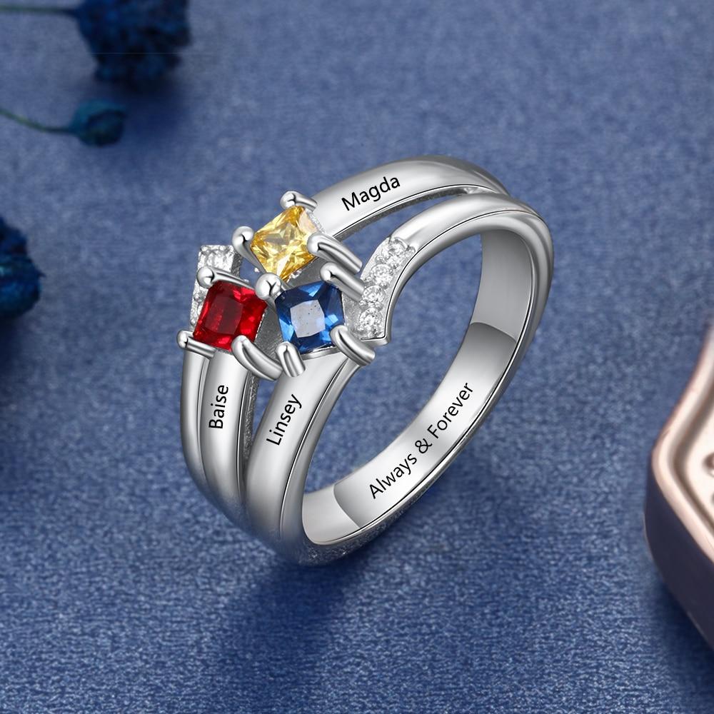 Personalized Name Ring with 3 Square Birthstones Real 925 Sterling Silver Rings for Women Custom Jewelry Gift-Customized Jewel
