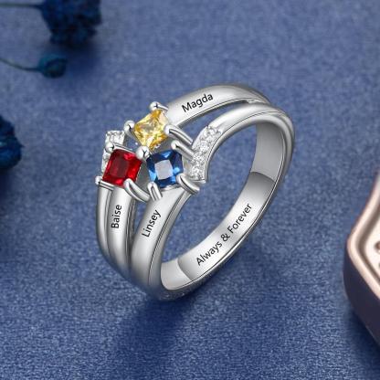 Personalized Name Ring with 3 Square Birthstones Real 925 Sterling Silver Rings for Women Custom Jewelry Gift-Customized Jewel