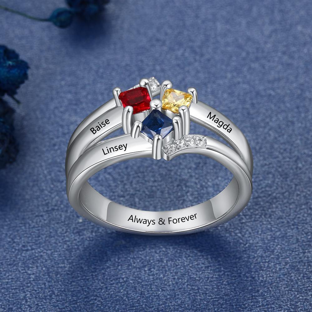 Personalized Name Ring with 3 Square Birthstones Real 925 Sterling Silver Rings for Women Custom Jewelry Gift-Customized Jewel
