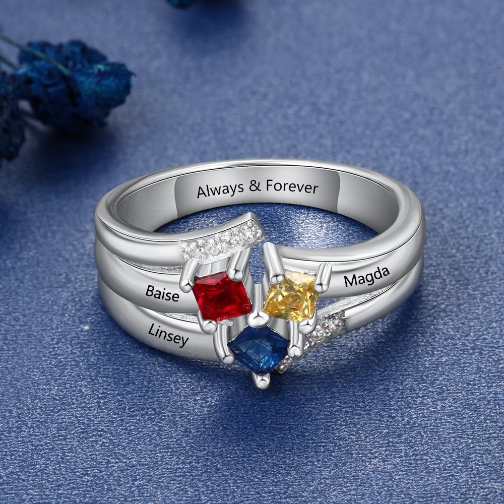 Personalized Name Ring with 3 Square Birthstones Real 925 Sterling Silver Rings for Women Custom Jewelry Gift-Customized Jewel