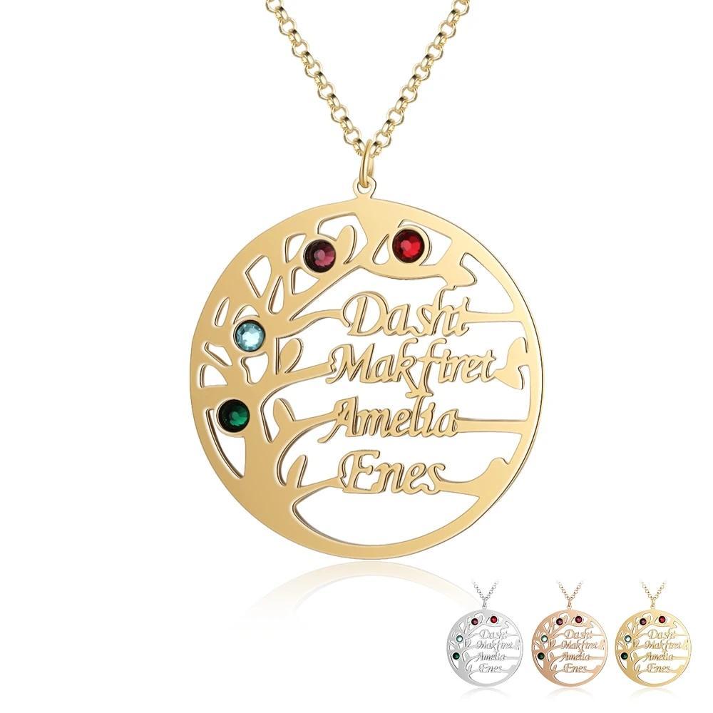Personalized Family Tree Necklace with Customized Name & 4 Birthstones Gold/Rose Gold Color, Jewelry Gifts for BFF-Customized Jewel