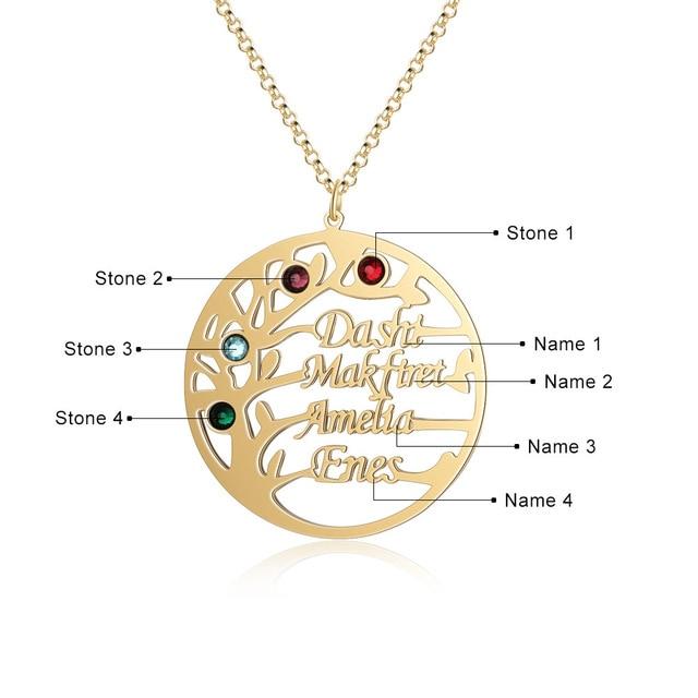 Personalized Family Tree Necklace with Customized Name & 4 Birthstones Gold/Rose Gold Color, Jewelry Gifts for BFF-Customized Jewel