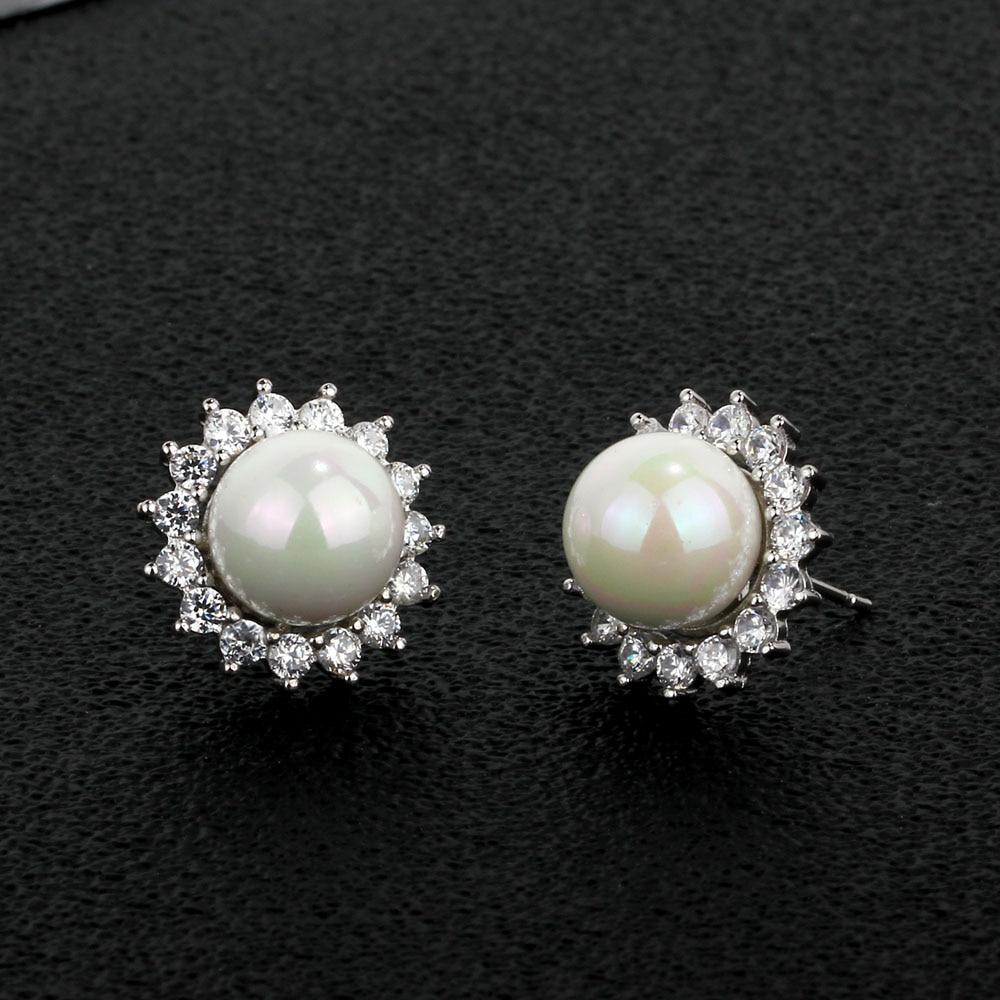 Women’s 925 Sterling Silver Stud Earrings with Simulated Pearl and Cubic Zirconia-Customized Jewel