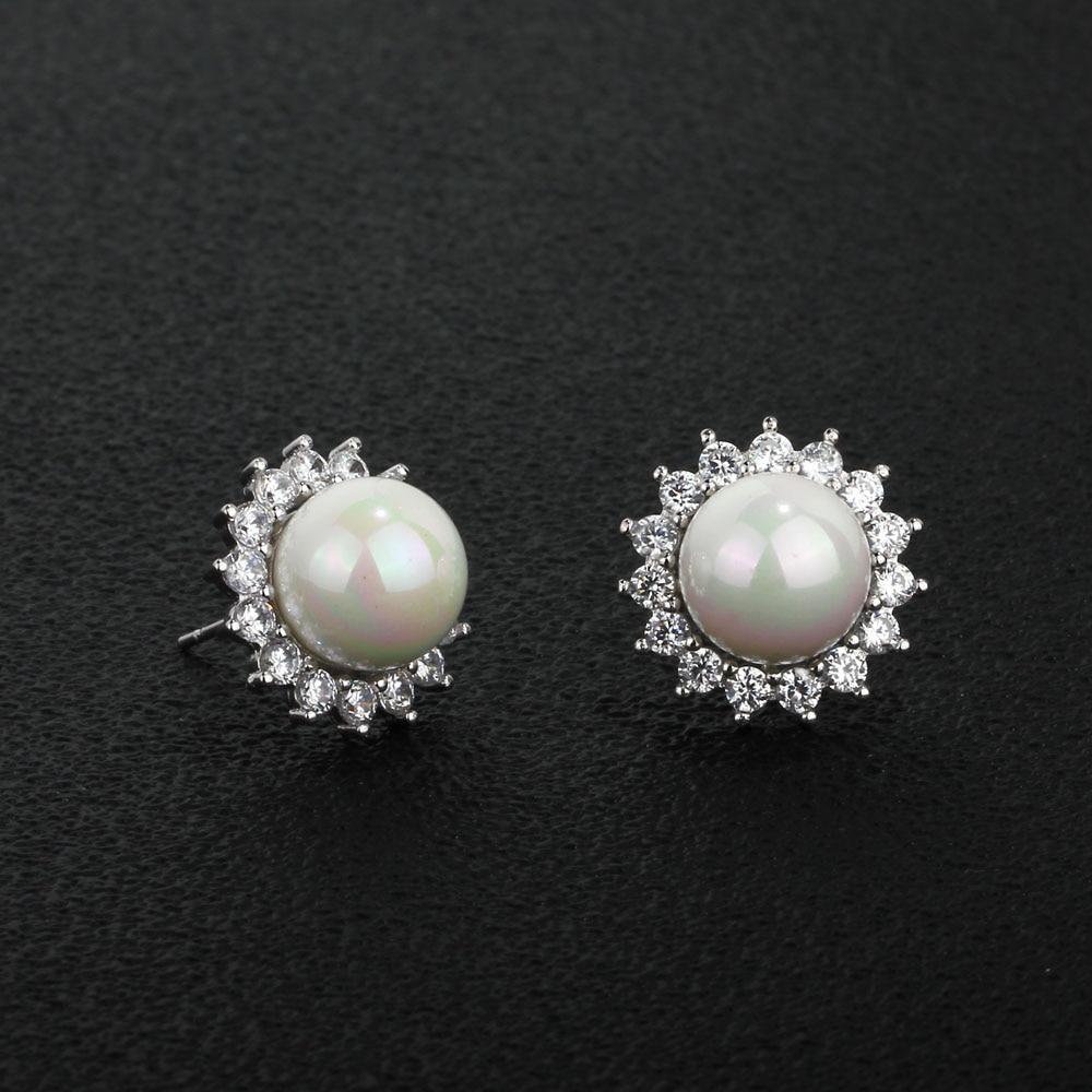 Women’s 925 Sterling Silver Stud Earrings with Simulated Pearl and Cubic Zirconia-Customized Jewel