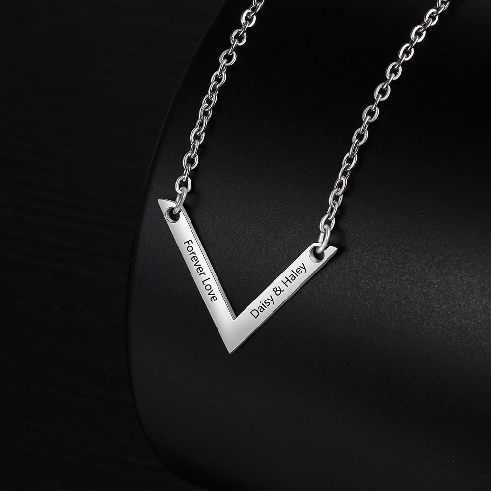Personalized Stainless Steel Jewelry Necklace with V-shaped Engrave Name Pendant, Gift for Women-Customized Jewel