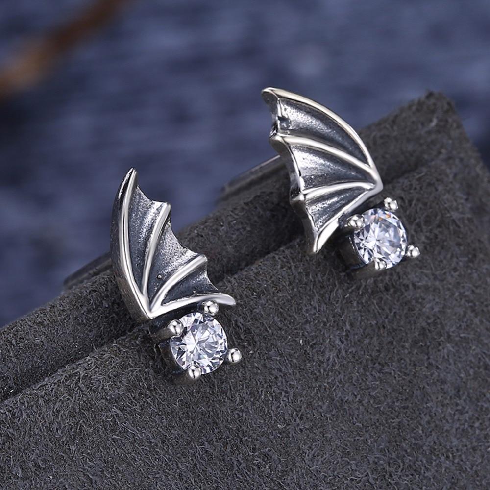 Vintage Wing Design Solid 925 Sterling Silver Stud Earrings For Women Round Cubic Zirconia OL Jewelry-Customized Jewel