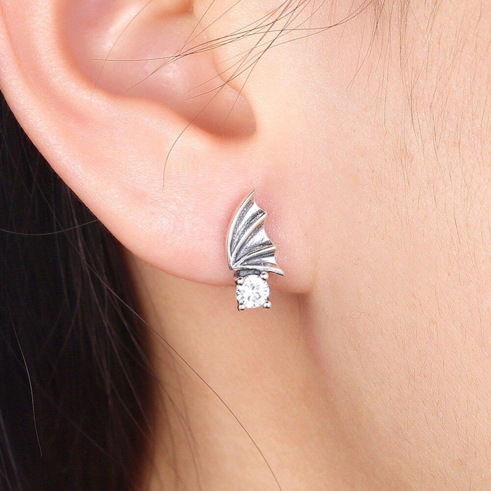 Vintage Wing Design Solid 925 Sterling Silver Stud Earrings For Women Round Cubic Zirconia OL Jewelry-Customized Jewel
