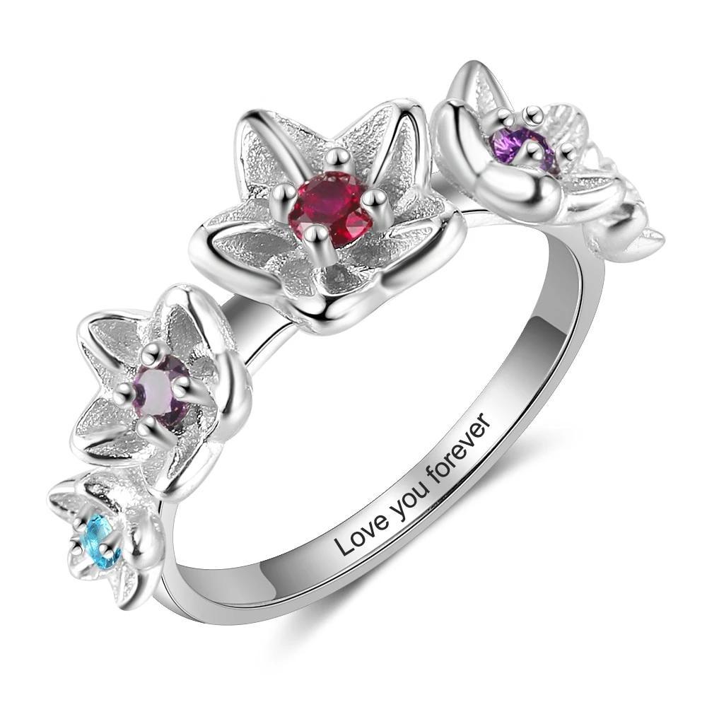 Sterling Silver Personalized DIY Birthstone Rings for Women Inside Engraving Flower Ring Silver Fine Jewelry-Customized Jewel