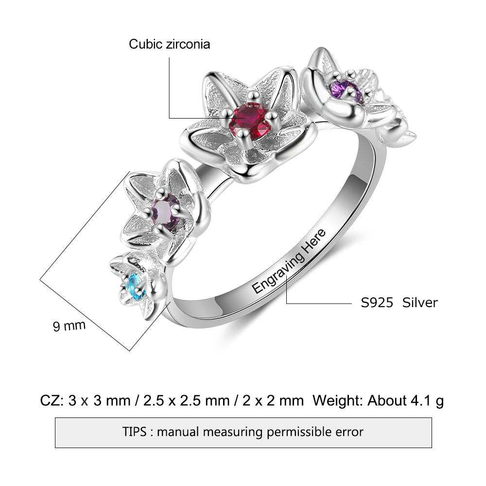 Sterling Silver Personalized DIY Birthstone Rings for Women Inside Engraving Flower Ring Silver Fine Jewelry-Customized Jewel