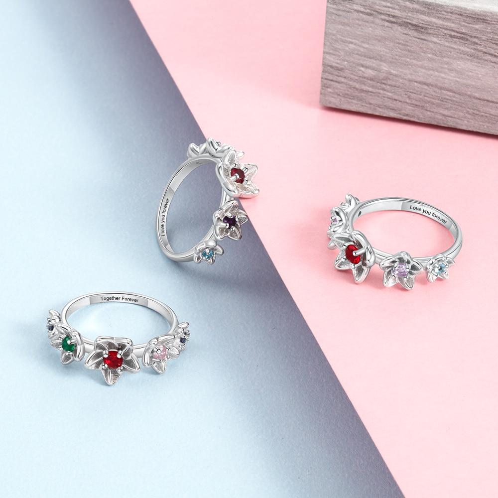 Sterling Silver Personalized DIY Birthstone Rings for Women Inside Engraving Flower Ring Silver Fine Jewelry-Customized Jewel