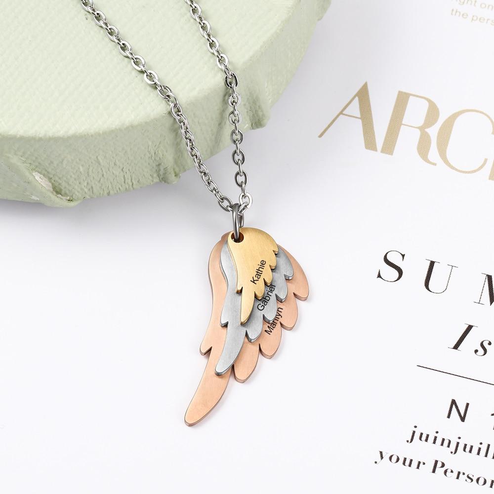 Personalized Wings Necklace with 3 Names Mixed Steel & Rose Gold & Gold Color Custom Family Engraved Necklace-Customized Jewel