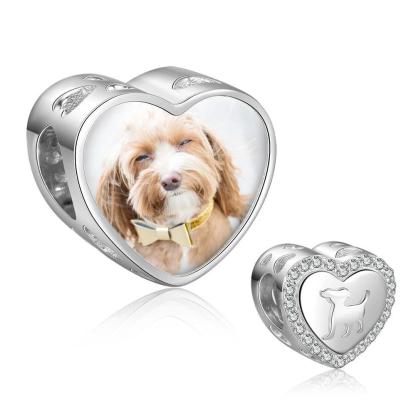 Personalized Dog Charms Heart Beads with DIY Customized Photo & Clear CZ, Fit Bracelet Jewelry-Customized Jewel
