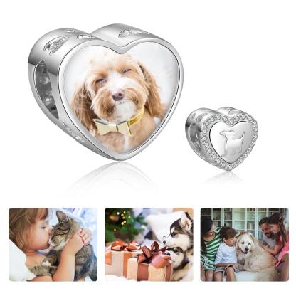 Personalized Dog Charms Heart Beads with DIY Customized Photo & Clear CZ, Fit Bracelet Jewelry-Customized Jewel