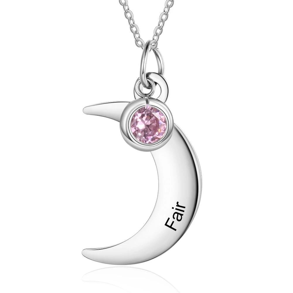 Personalized Stainless Steel Necklace with Customized Name & Moon Birthstone Pendant, Classic Women’s Party Jewelry-Customized Jewel