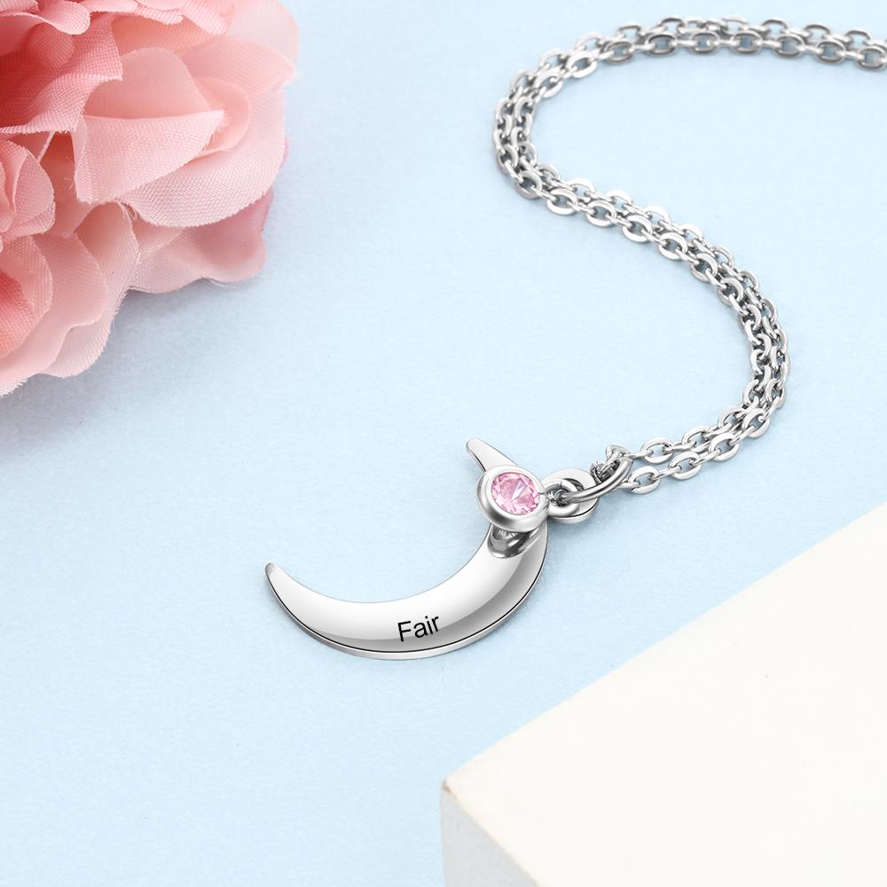 Personalized Stainless Steel Necklace with Customized Name & Moon Birthstone Pendant, Classic Women’s Party Jewelry-Customized Jewel