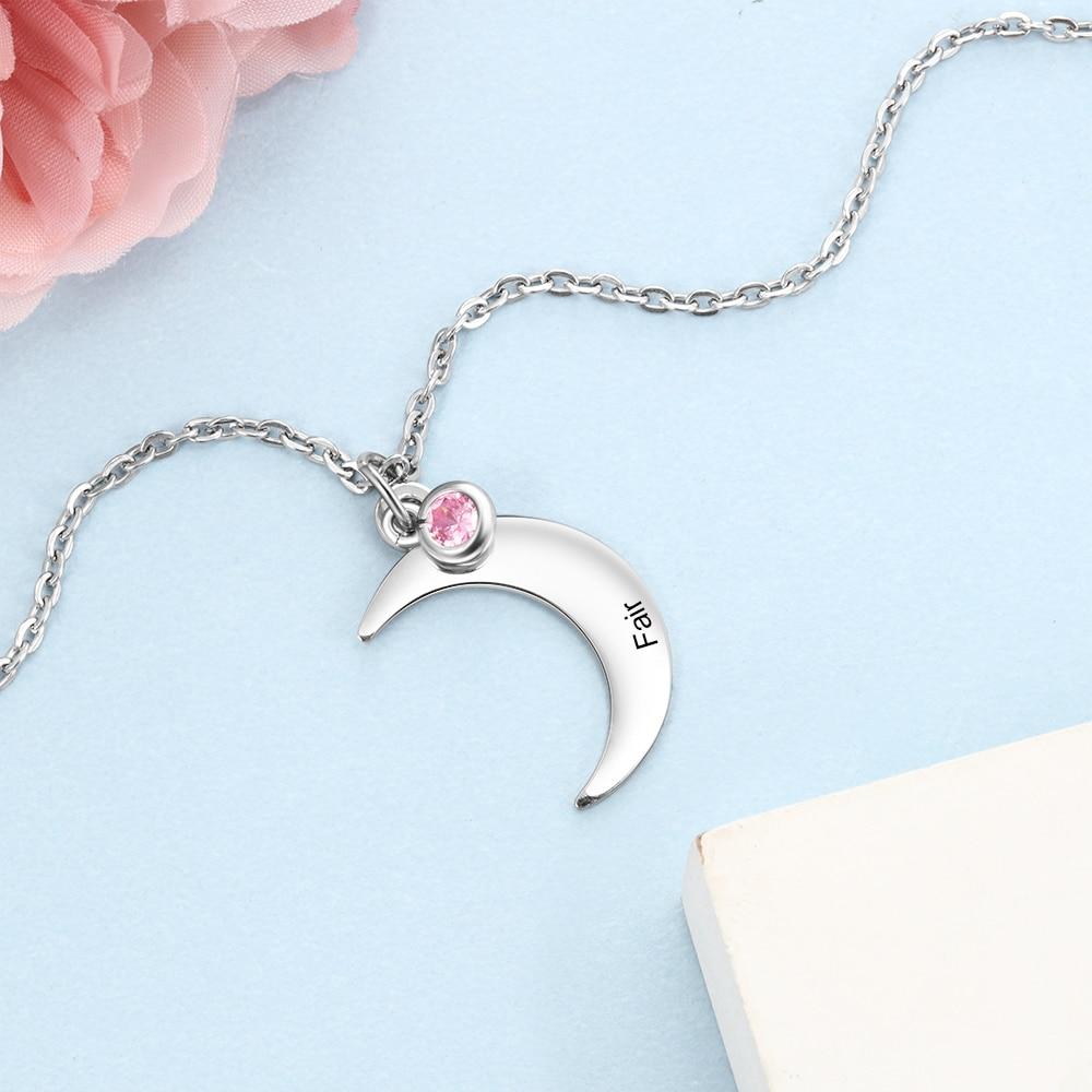 Personalized Stainless Steel Necklace with Customized Name & Moon Birthstone Pendant, Classic Women’s Party Jewelry-Customized Jewel