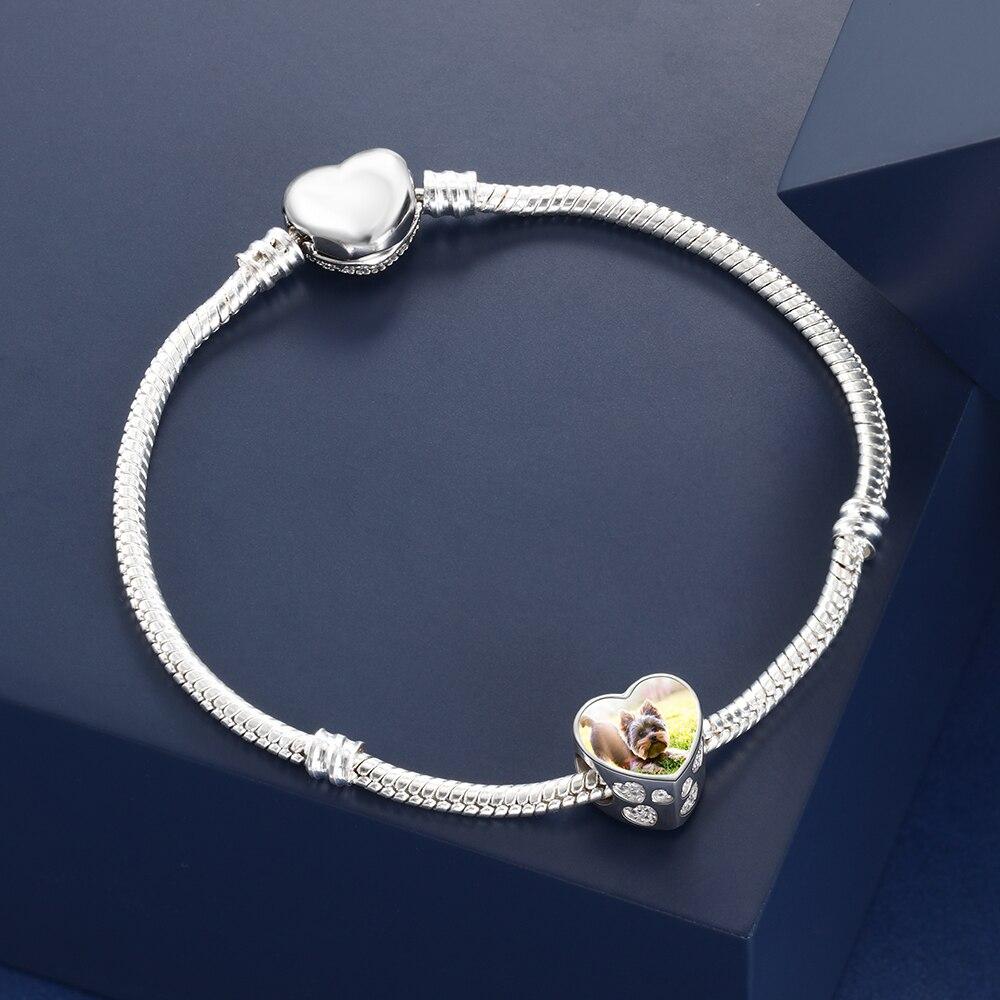 Photo Heart Beads Charm Bracelet, Personalized Pet Paw & Bone Designs with Cubic Zirconia Stones, Jewelry Gift for Women-Customized Jewel