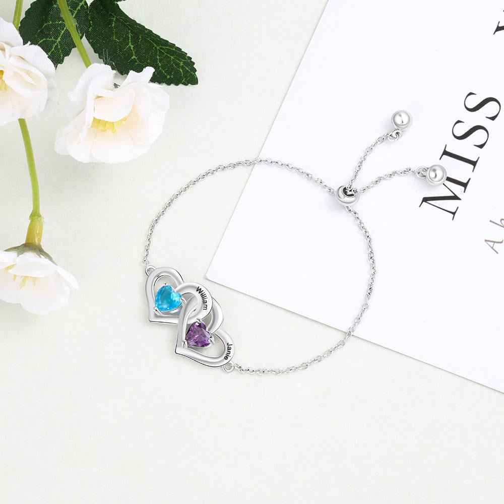 Personalized Adjustable Chain Bracelet with Customized 2 Names Engraved & Heart Birthstone, Bracelet for Couples-Customized Jewel