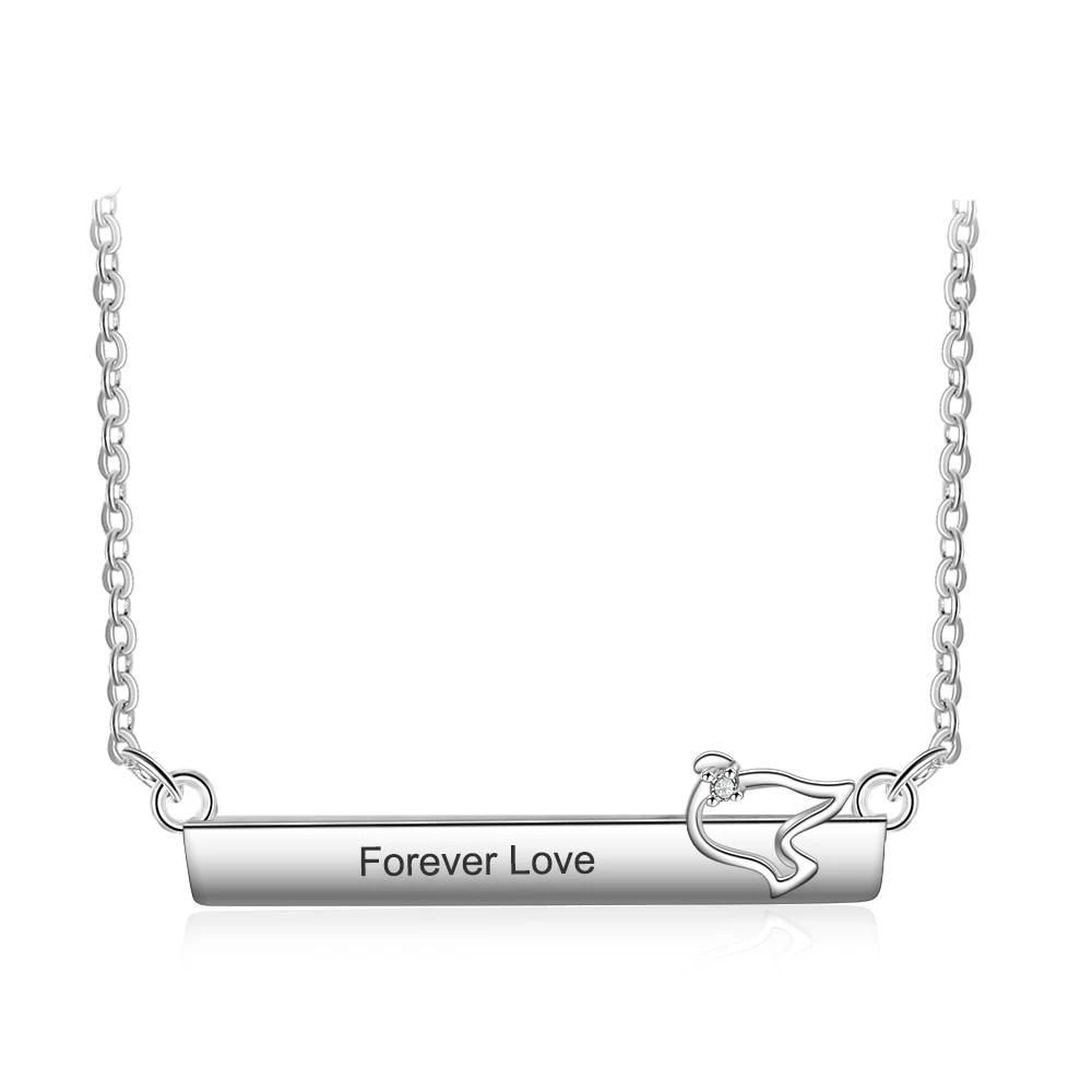 Personalized Silver Necklace for Women with Engrave Name Strip with Bird Pendant, Trendy Jewelry-Customized Jewel