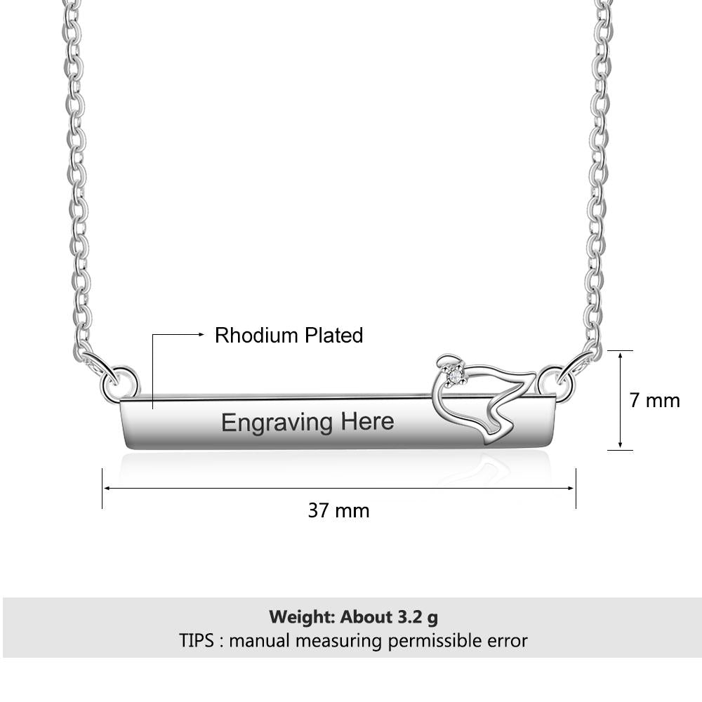 Personalized Silver Necklace for Women with Engrave Name Strip with Bird Pendant, Trendy Jewelry-Customized Jewel