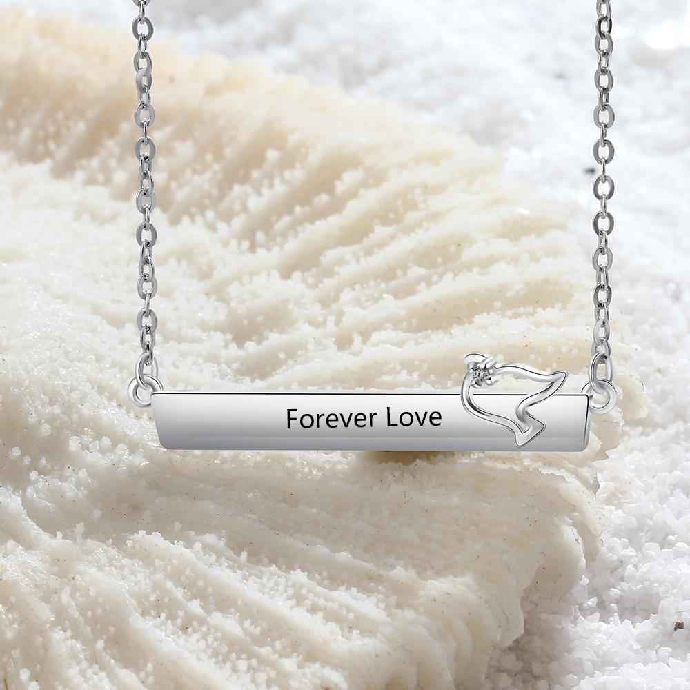 Personalized Silver Necklace for Women with Engrave Name Strip with Bird Pendant, Trendy Jewelry-Customized Jewel