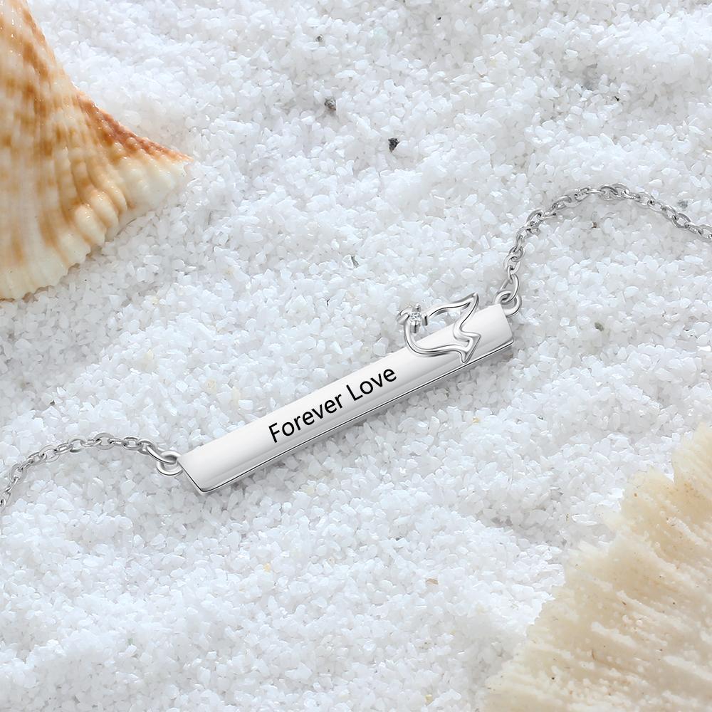 Personalized Silver Necklace for Women with Engrave Name Strip with Bird Pendant, Trendy Jewelry-Customized Jewel