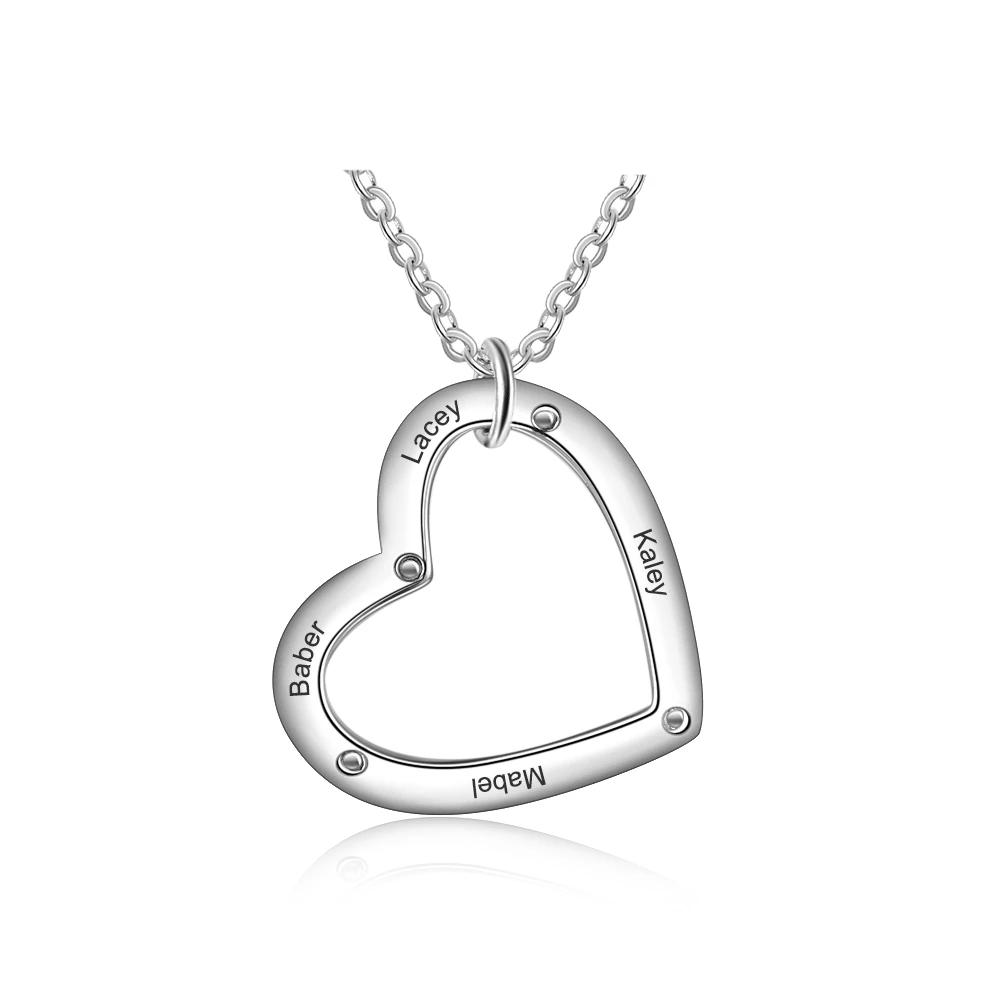 Personalized Silver 4 Name Necklace with Heart Shape Love Pendant, Trendy Jewelry for Women-Customized Jewel