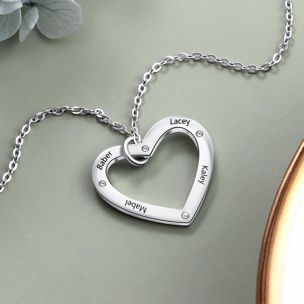 Personalized Silver 4 Name Necklace with Heart Shape Love Pendant, Trendy Jewelry for Women-Customized Jewel