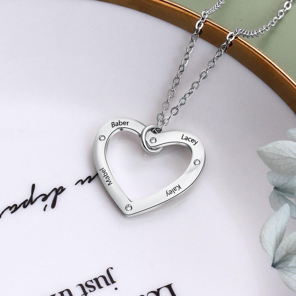 Personalized Silver 4 Name Necklace with Heart Shape Love Pendant, Trendy Jewelry for Women-Customized Jewel