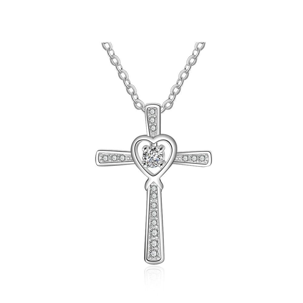 Women 925 Sterling Silver Necklace with CZ Stone Cross & Heart Pendant, Wedding Jewelry Necklace-Customized Jewel