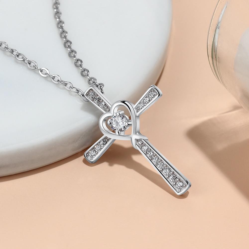 Women 925 Sterling Silver Necklace with CZ Stone Cross & Heart Pendant, Wedding Jewelry Necklace-Customized Jewel