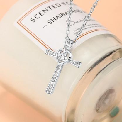 Women 925 Sterling Silver Necklace with CZ Stone Cross & Heart Pendant, Wedding Jewelry Necklace-Customized Jewel