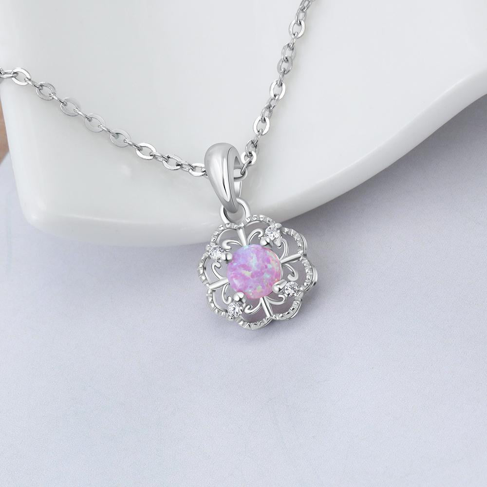 Sterling Silver Hollow Out Flower Pink Opal Pendant Necklace, Jewelry Gift for Women-Customized Jewel