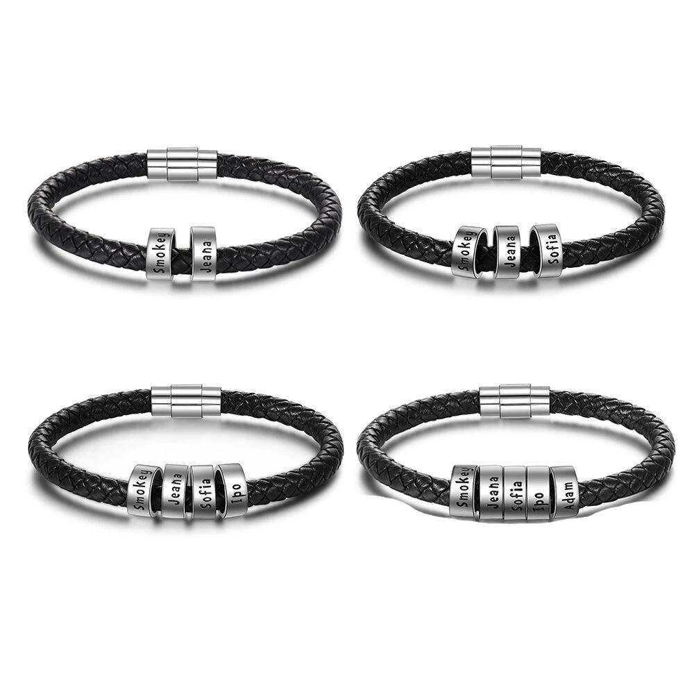 Sterling Silver Personalized Custom Name Beads Bracelets for Men Charm Black Braided Rope Leather Bracelet Jewelry-Customized Jewel