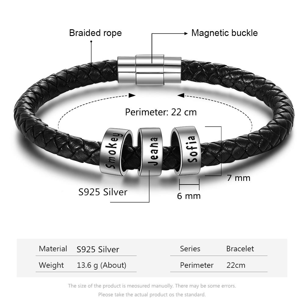 Sterling Silver Personalized Custom Name Beads Bracelets for Men Charm Black Braided Rope Leather Bracelet Jewelry-Customized Jewel