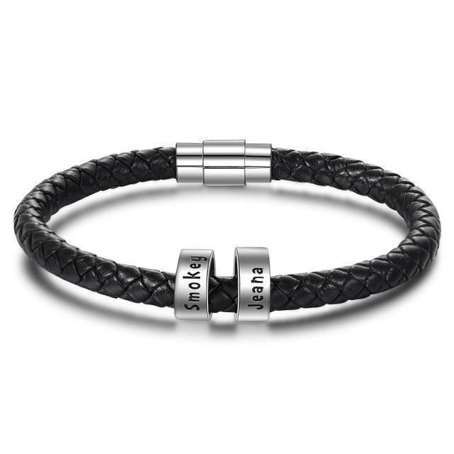 Sterling Silver Personalized Custom Name Beads Bracelets for Men Charm Black Braided Rope Leather Bracelet Jewelry-Customized Jewel
