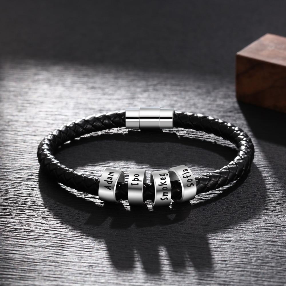 Sterling Silver Personalized Custom Name Beads Bracelets for Men Charm Black Braided Rope Leather Bracelet Jewelry-Customized Jewel