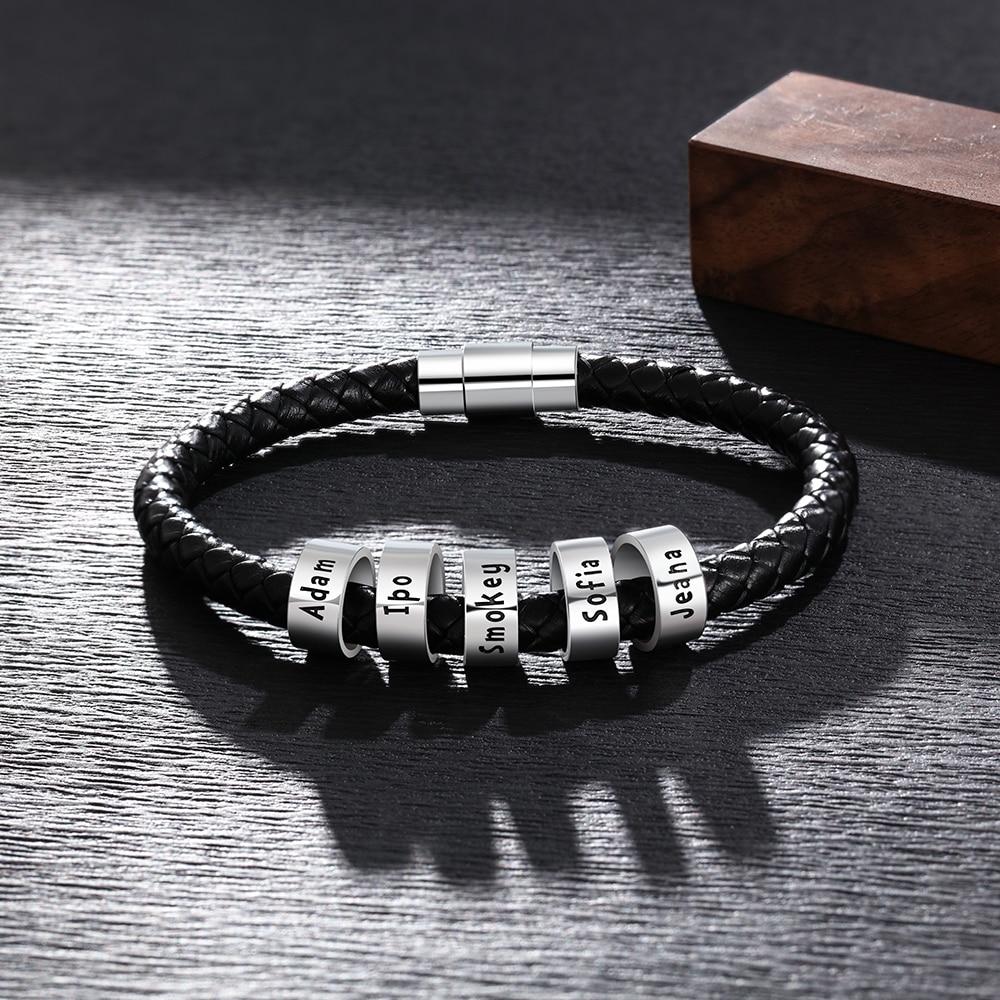 Sterling Silver Personalized Custom Name Beads Bracelets for Men Charm Black Braided Rope Leather Bracelet Jewelry-Customized Jewel