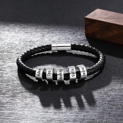 Sterling Silver Personalized Custom Name Beads Bracelets for Men Charm Black Braided Rope Leather Bracelet Jewelry-Customized Jewel