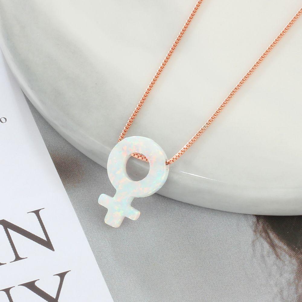 Women’s 925 Sterling Silver Necklace & Female Gender Symbol Pendant with Pink Opal, Trendy Fashion Jewelry with Box Chain-Customized Jewel