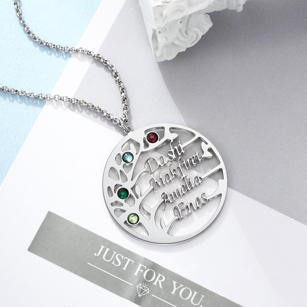 Personalized Family Tree Necklace with Customized Name & 4 Birthstones Gold/Rose Gold Color, Jewelry Gifts for BFF-Customized Jewel