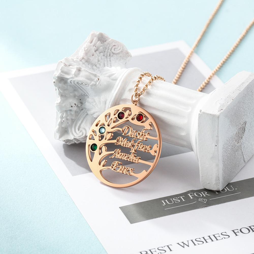 Personalized Family Tree Necklace with Customized Name & 4 Birthstones Gold/Rose Gold Color, Jewelry Gifts for BFF-Customized Jewel
