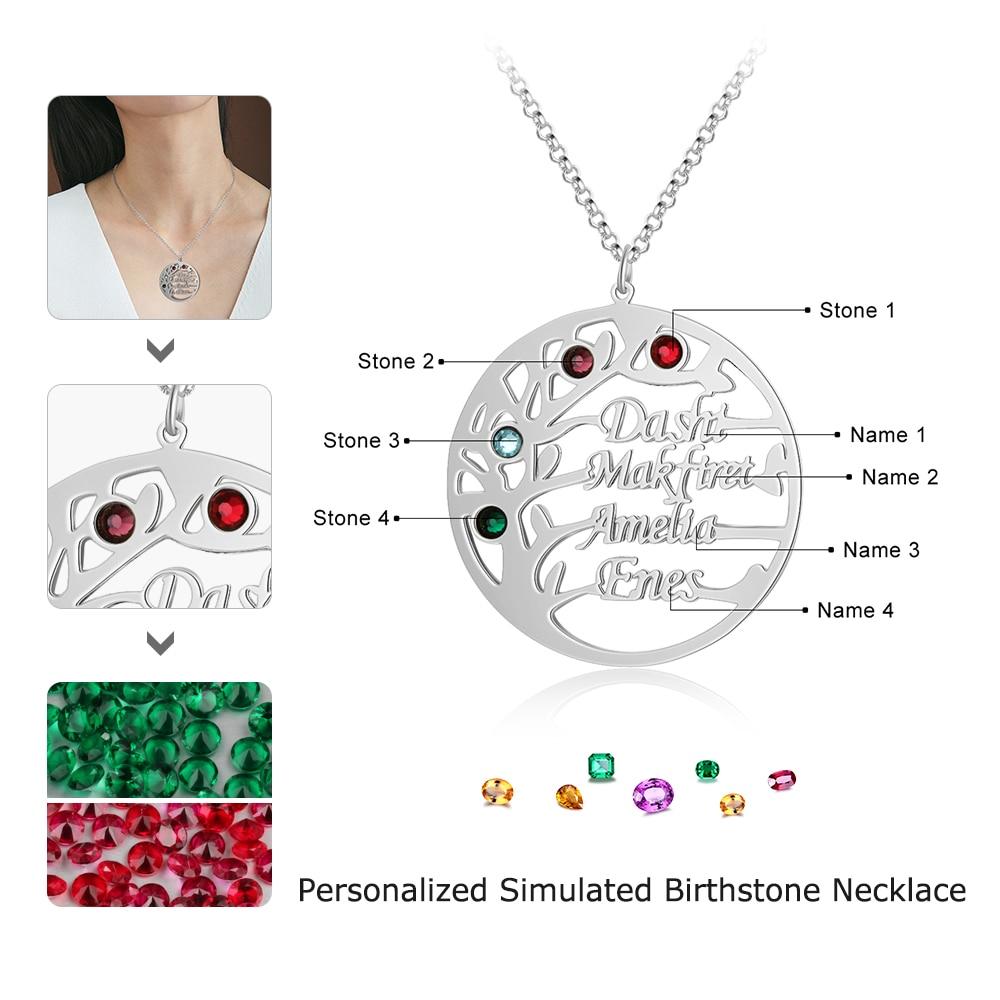 Personalized Family Tree Necklace with Customized Name & 4 Birthstones Gold/Rose Gold Color, Jewelry Gifts for BFF-Customized Jewel