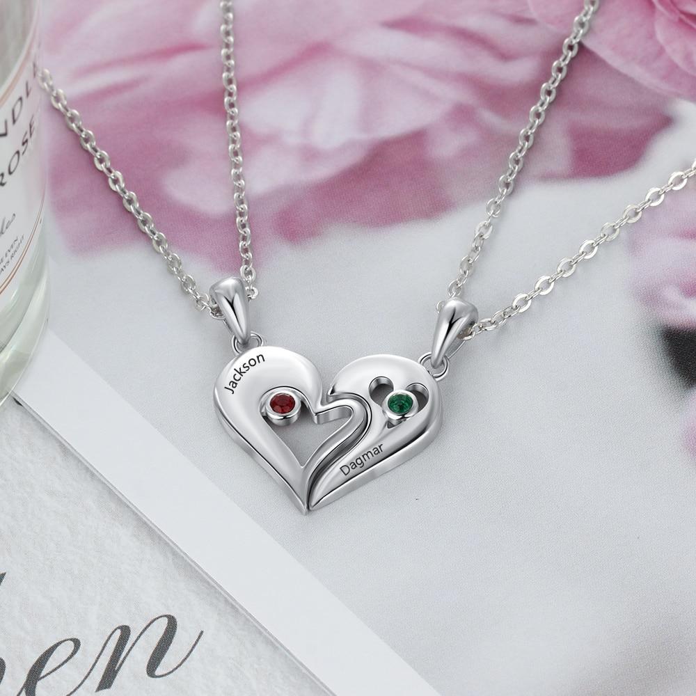 Personalized 925 Sterling Silver Necklace with 2Pcs/Set Merge Heart Shape Name & Birthstones Pendant, Trendy Lovers’ Jewelry-Customized Jewel
