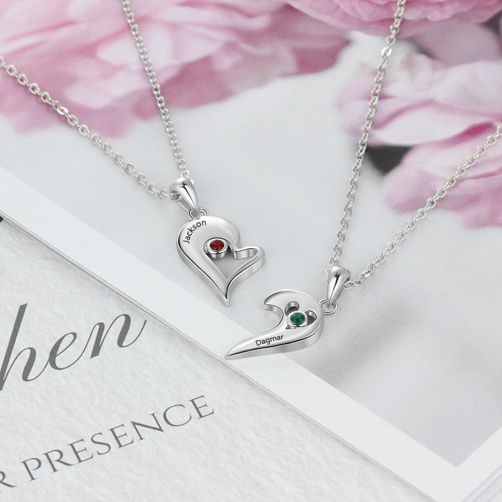 Personalized 925 Sterling Silver Necklace with 2Pcs/Set Merge Heart Shape Name & Birthstones Pendant, Trendy Lovers’ Jewelry-Customized Jewel