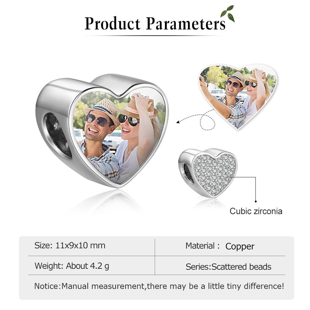 Personalized Heart Charms Photo Beads Fit DIY Bracelet with Cubic Zirconia, Custom Jewelry for Girls-Customized Jewel