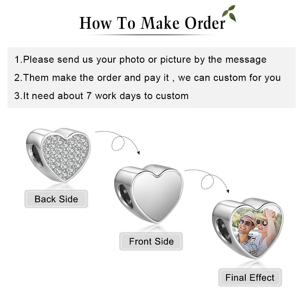Personalized Heart Charms Photo Beads Fit DIY Bracelet with Cubic Zirconia, Custom Jewelry for Girls-Customized Jewel